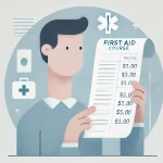  En simpel, flad illustration af en person, der kigger på en prisliste for et førstehjælpskursus.